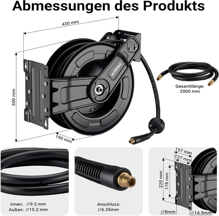 Wiltec Druckluft Schlauchtrommel 20 m, automatische Druckluftschlauchtrommel Stahl, 20 bar Druckluft