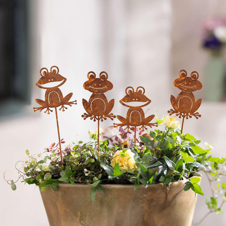 FRANK FLECHTWAREN Gartenstecker Frosch, 4er Set, Metall, Rostfinish Masse: Höhe 38 cm