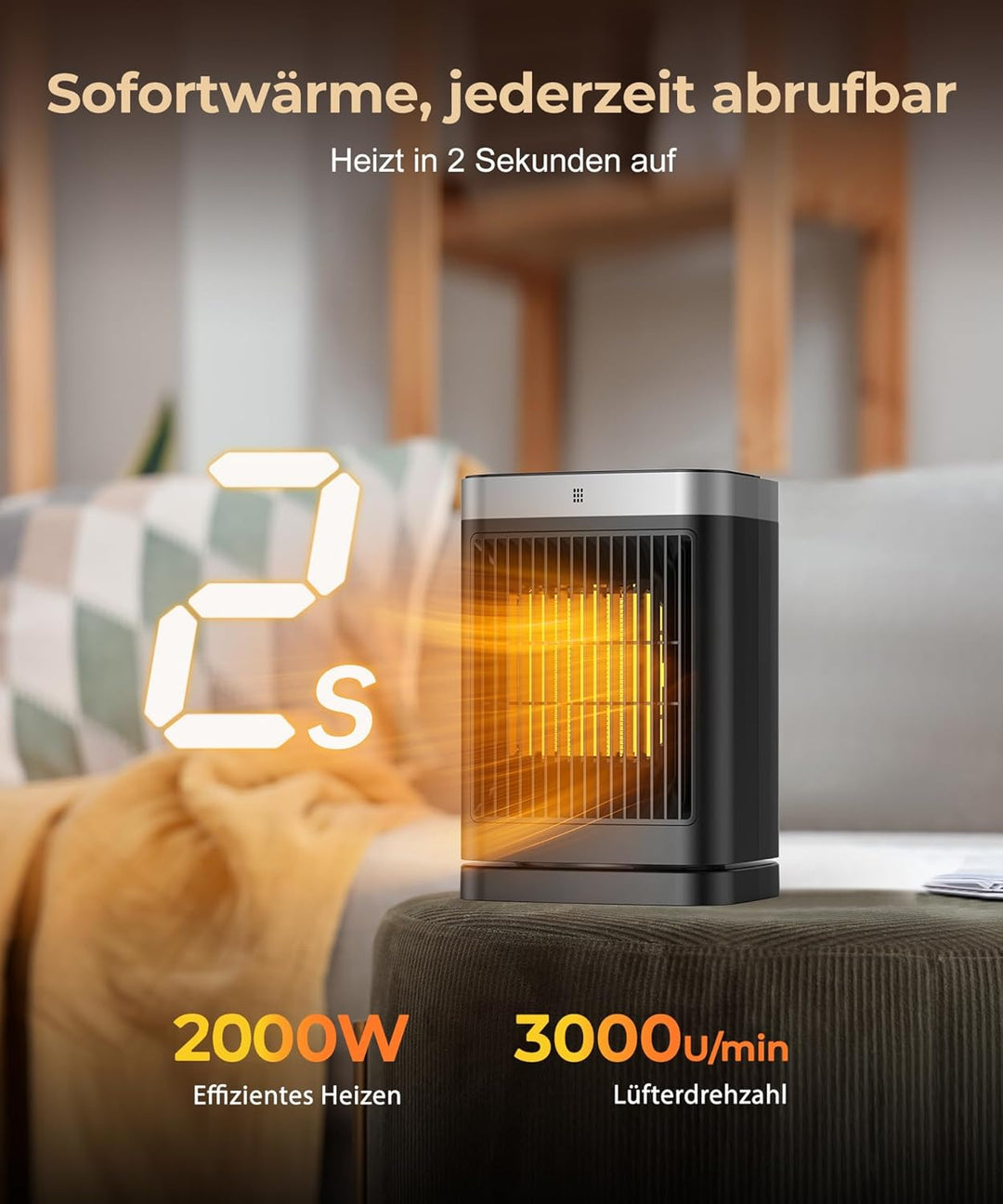 Heizlüfter Energiesparend mit Fernbedienung, 2000W Heizung Elektrisch Klein, PTC Keramik Heizlüfter
