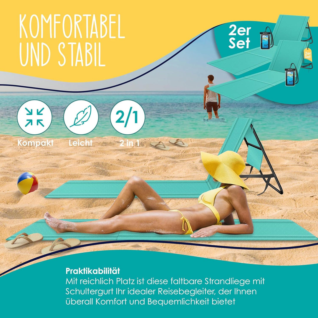 KESSER® 2er Set Strandmatte klappbar mit Verstellbarer Rückenlehne, Tragegurt, wasserdichter Tasche