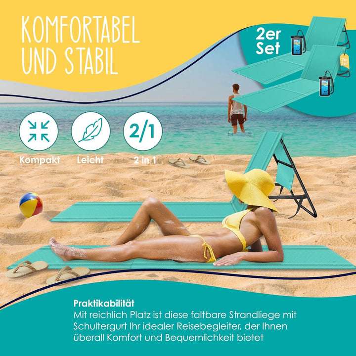 KESSER® 2er Set Strandmatte klappbar mit Verstellbarer Rückenlehne, Tragegurt, wasserdichter Tasche