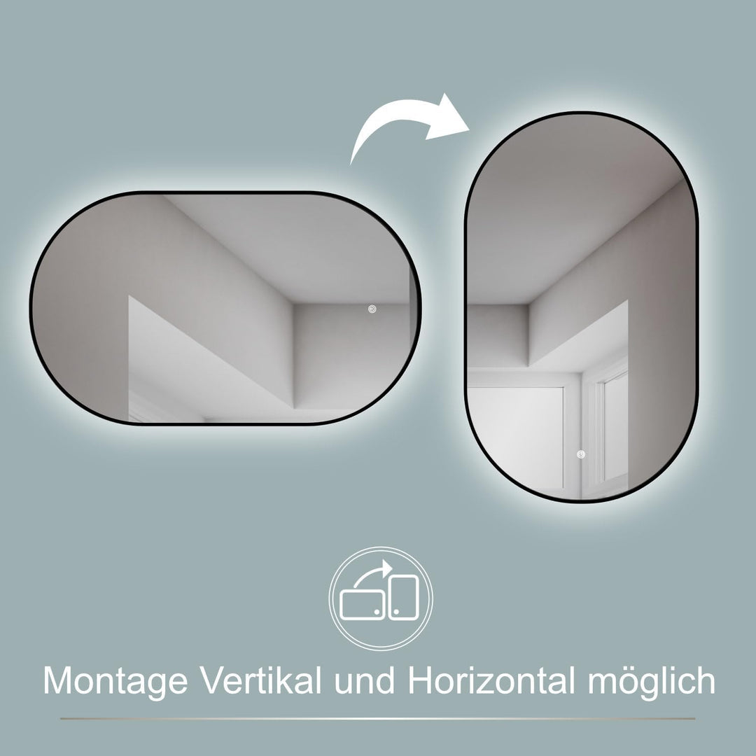 HOKO® Design LED Lichtspiegel oval 45 x 75 cm, Rahmen Matt Schwarz. HOCH + QUER Montage möglich. Bad