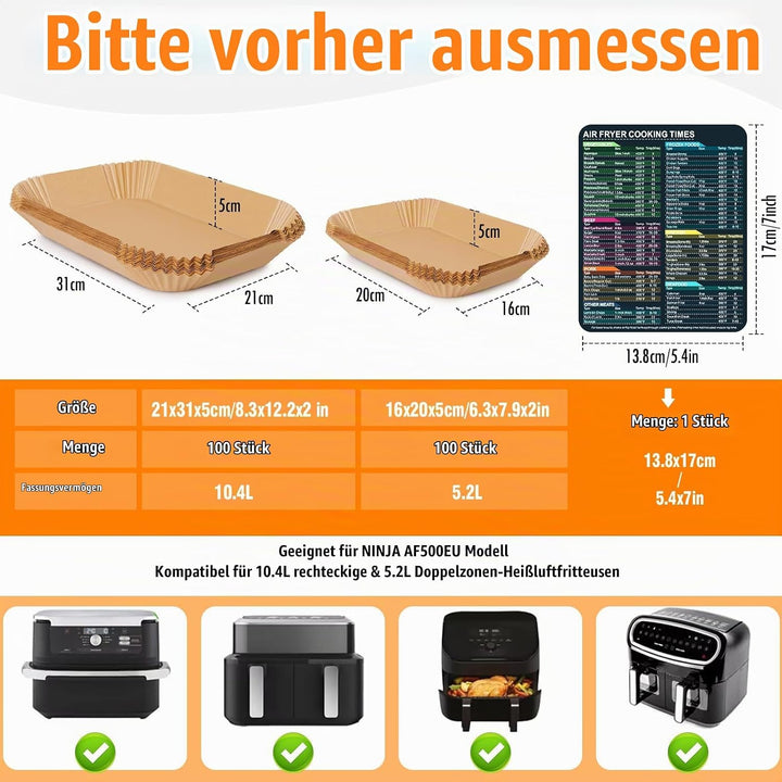 200 Stück Backpapier für Ninja AF500EU Heissluftfritteuse, Heissluftfritteuse Quadrat für 5.2-10.4 L