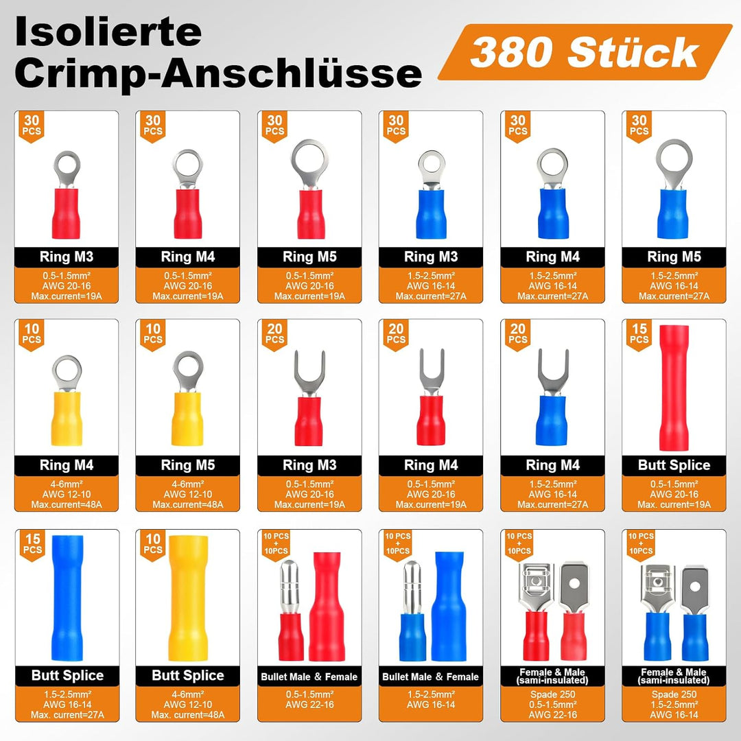 Isoliertes Kabelschuhe Set mit 380 Stück, Crimpzange Kabelschuhe für 0,5–6 mm², geeignet für die Rep