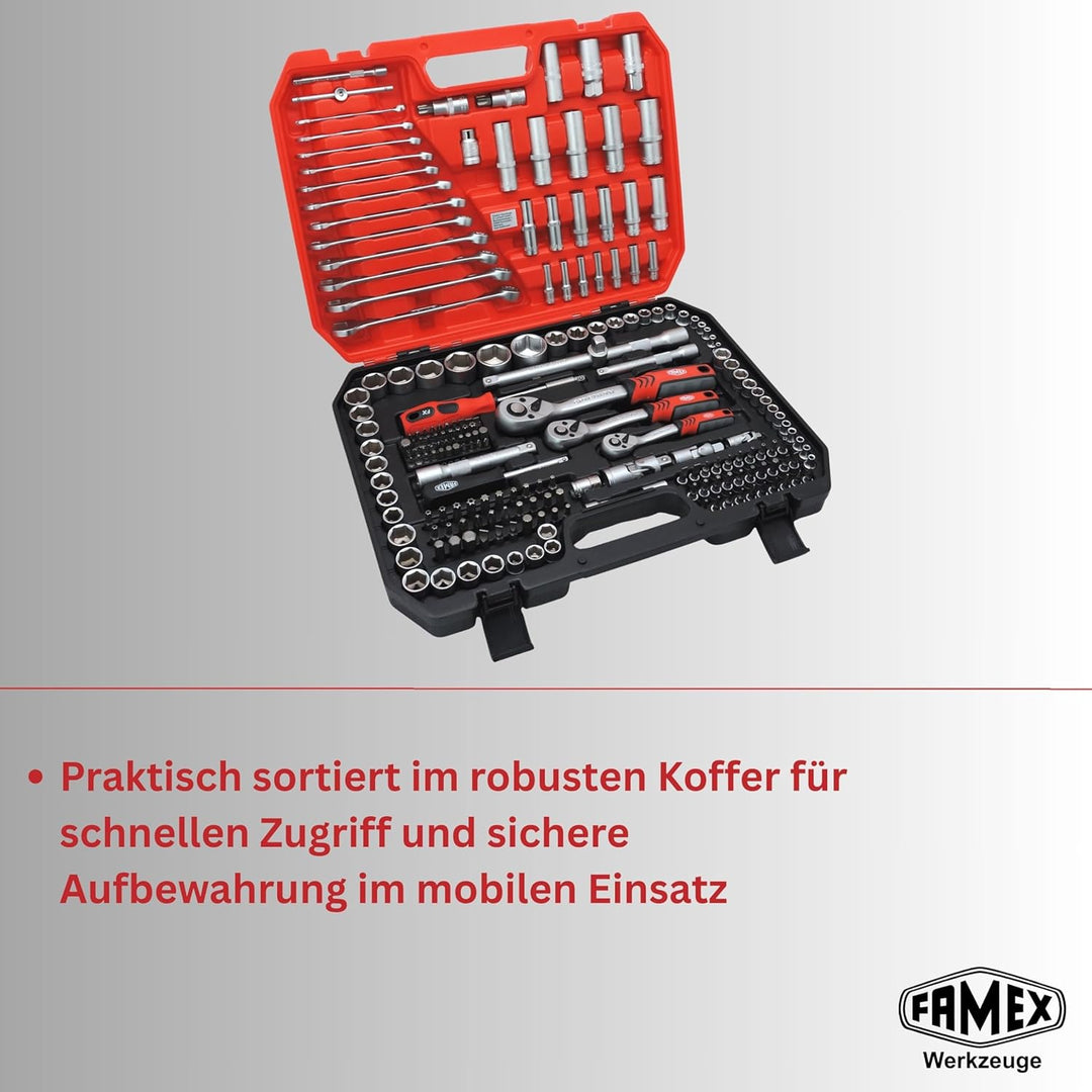 FAMEX 555-50 Steckschlüsselsatz 219-tlg. - 1/4 Zoll, 3/8 Zoll, 1/2 Zoll - alle Werkzeuge CV-Stahl -