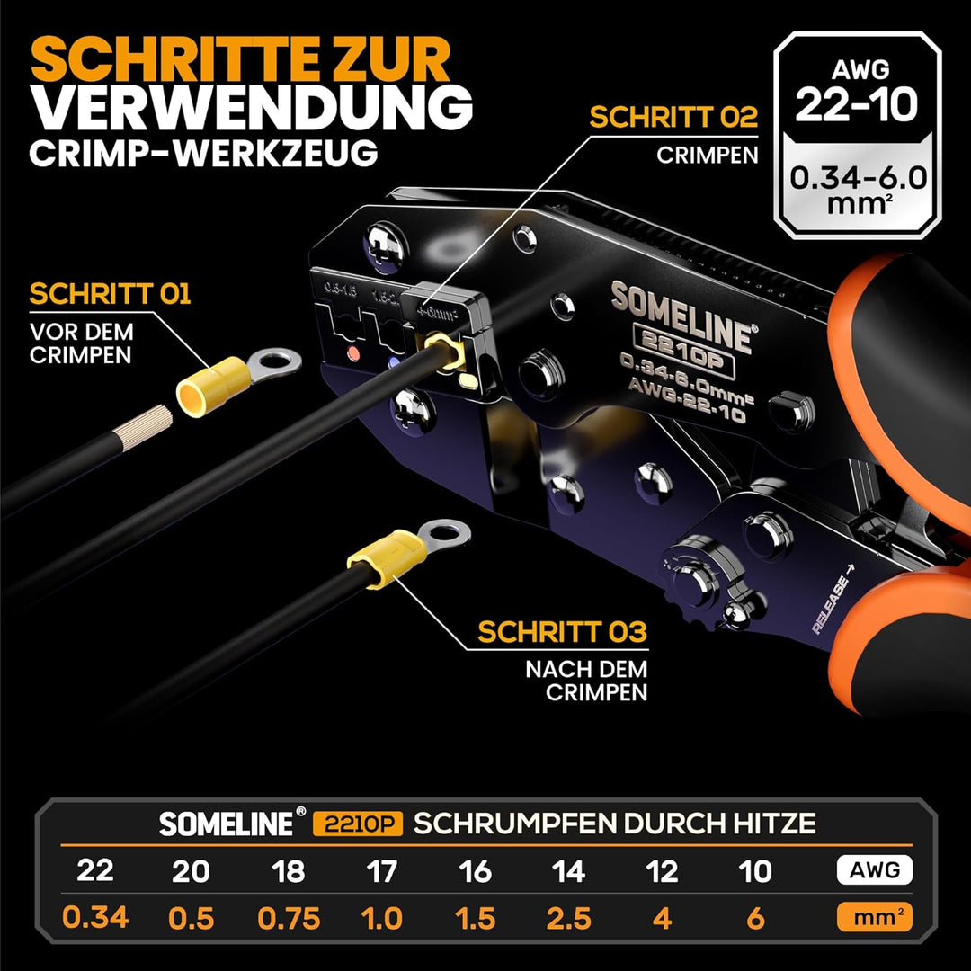 SOMELINE® Crimpzange Kabelschuhe Set, Crimpzangenset, Kabelschuhzange für 0,34-6mm² Kabelhülsen mit