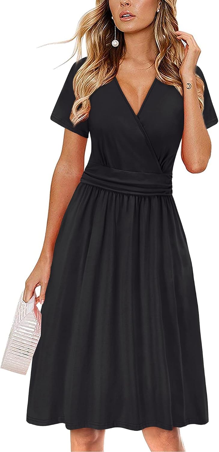 OUGES Kleid Damen Kurzarm/Langarm Winterkleid V-Ausschnitt Casual Midi Freizeitkleid mit Taschen M S