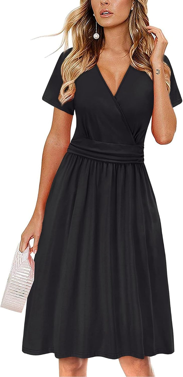 OUGES Kleid Damen Kurzarm/Langarm Winterkleid V-Ausschnitt Casual Midi Freizeitkleid mit Taschen M S