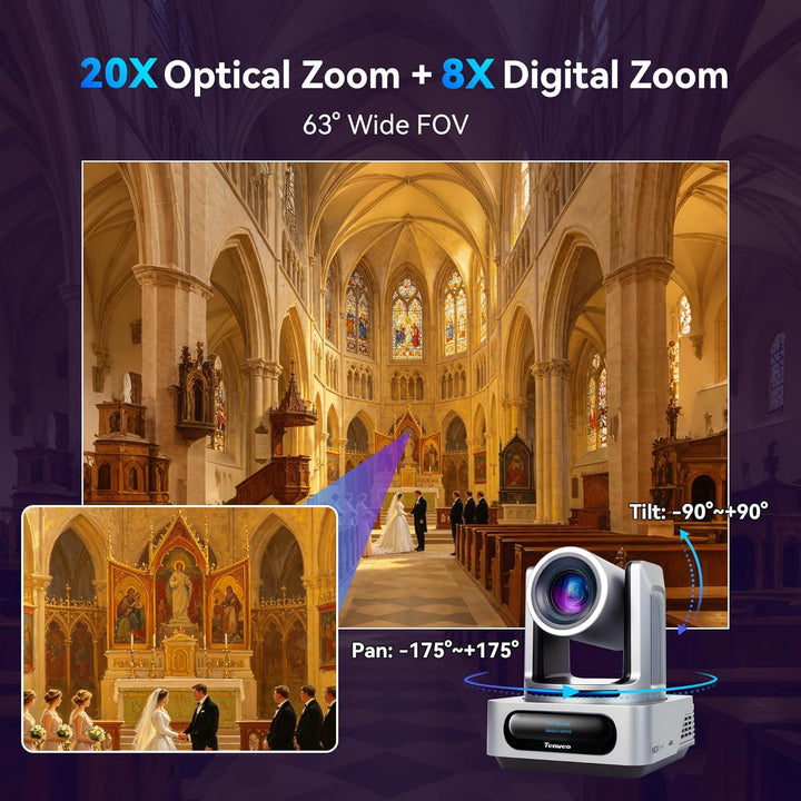 Tenveo 4K NDI PTZ‑Kamera: KI‑Tracking (Person/Gesicht), Gestensteuerung, 20x Opt. + 8X dig. Zoom, Li