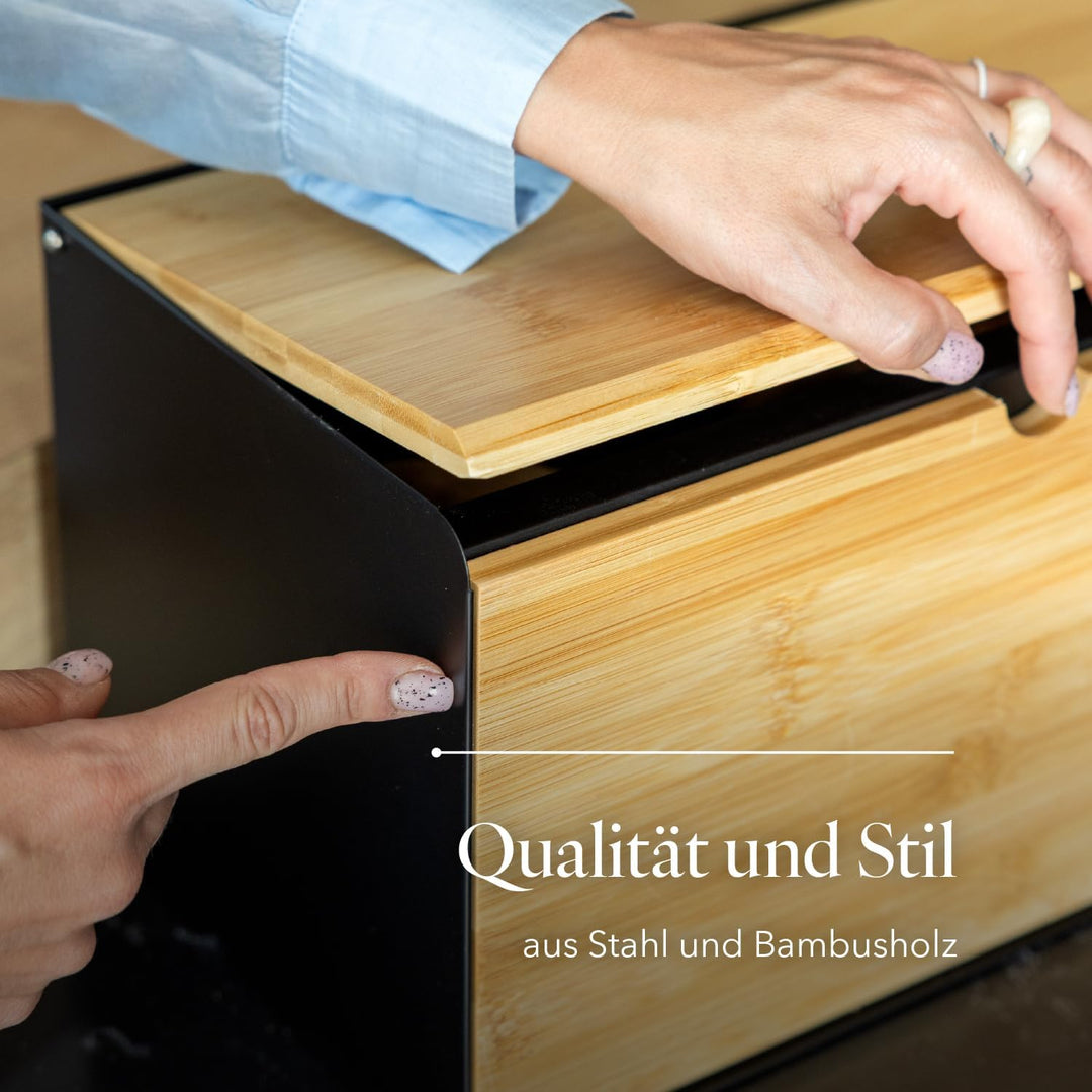 Florina Brotkasten BRUSTO 35,5 x 21,5 x 19,5 cm I Brotbox aus Stahl und Bambus-Deckel I Geräumiger u