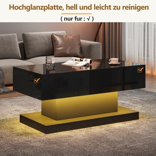 Merax Couchtische 100x50x45 cm, Hochglanz-Lift-Teetisch, Kaffeetisch mit LED-Beleuchtung – Halbhebba
