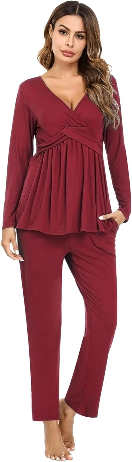 Litherday Stillpyjama Lang Umstandspyjama Langarm Zweifarbiger Baumwolle Stillzeit Nachtwäsche Still