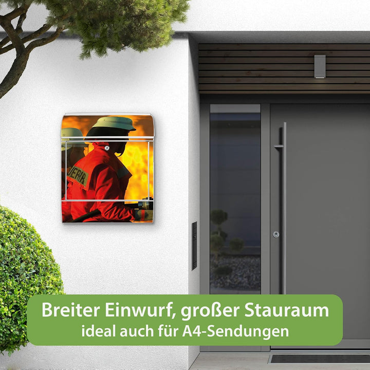 banjado® Design Briefkasten mit Motiv Feuer 39x47x14cm &amp; 2 Schlüssel - Briefkasten Stahl weiss mit Z