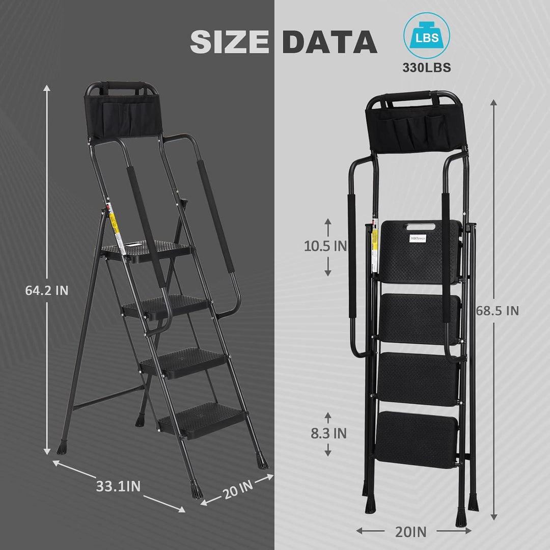 HBTower Leiter 4 Stufen, Trittleiter mit Handläufen, klappbarer Tritthocker mit ansteckbarer Werkzeu