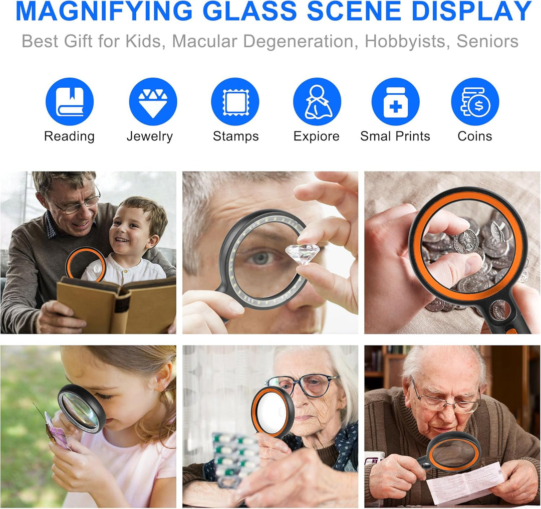 GABORISH Lupe mit Licht, 10X 20X 45X Handlupe mit Licht, Magnifying Glass mit 30 LED und 1 UV, Vergr