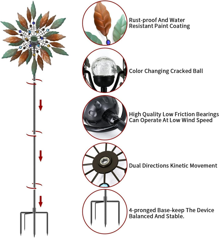Solarbetriebene Windspinner-Skulptur aus Metall für Garten und Terrasse Durchmesser 20,4 Zoll, Durch