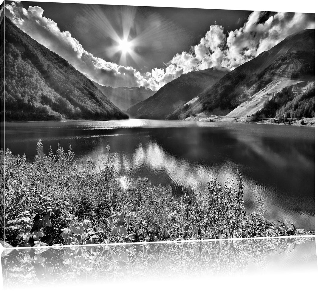 Pixxprint Blumenwiese Bergsee / 100x70cm Leinwandbild bespannt auf Holzrahmen/Wandbild Kunstdruck De