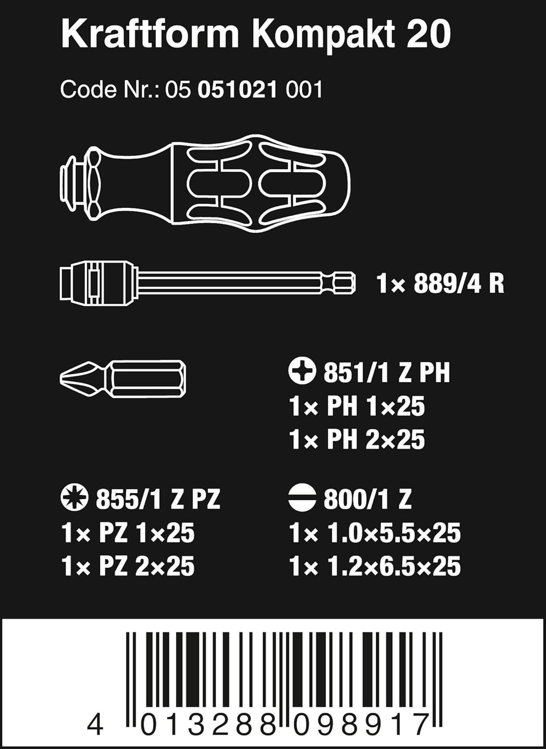 Wera Kraftform Kompakt 20 mit Tasche, 7-teilig, 05051021001 & Bit-Sortiment, Bit-Check 30 Universal