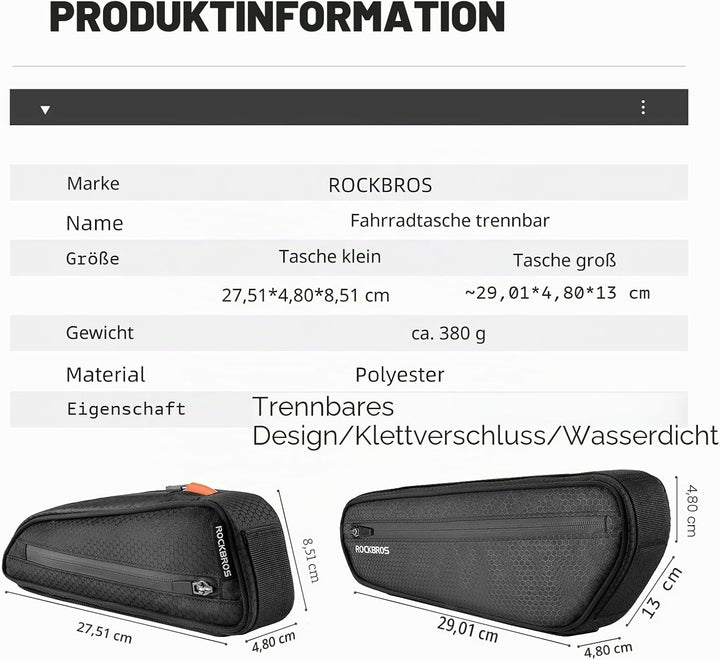 ROCKBROS Fahrradtasche Set, Fahrrad Lenkertasche + Rahmentasche, 2 in 1 Abnehmbare Dreiecktasche für