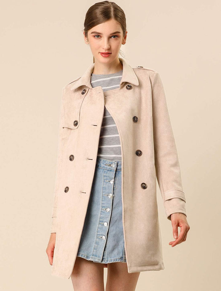 Allegra K Damen Trenchcoat Langarm Zweireiher Faux Wildleder Mantel Wintermantel M aprikose, M aprik