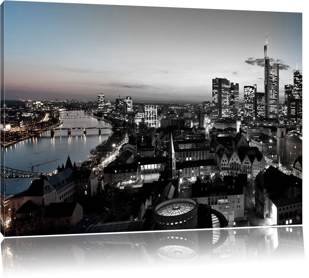 Frankfurter Skyline bei Sonnenuntergang schwarz/weiss Format: 100x70 auf Leinwand, XXL riesige Bilde