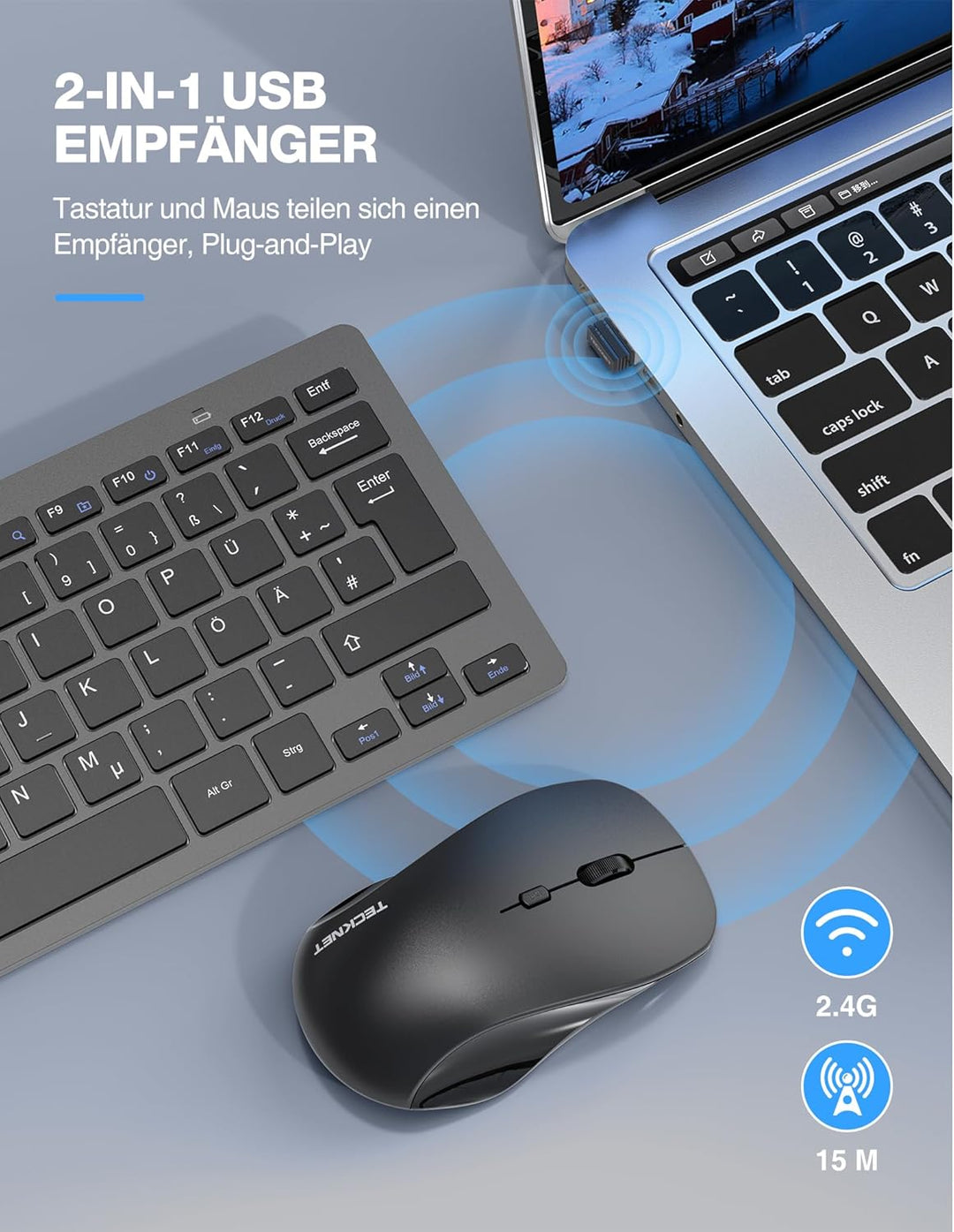 TECKNET Kabelloses Tastatur Maus Set, Deutsch QWERTZ Layout, 2.4 GHz Funk Mini Tastatur Mouse, 15m R