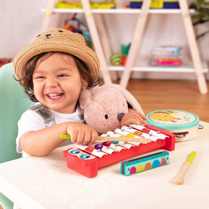 B. toys 3 Musikinstrumente für Kinder aus Holz – Xylophon / Glockenspiel, Mundharmonika, Tamburin –
