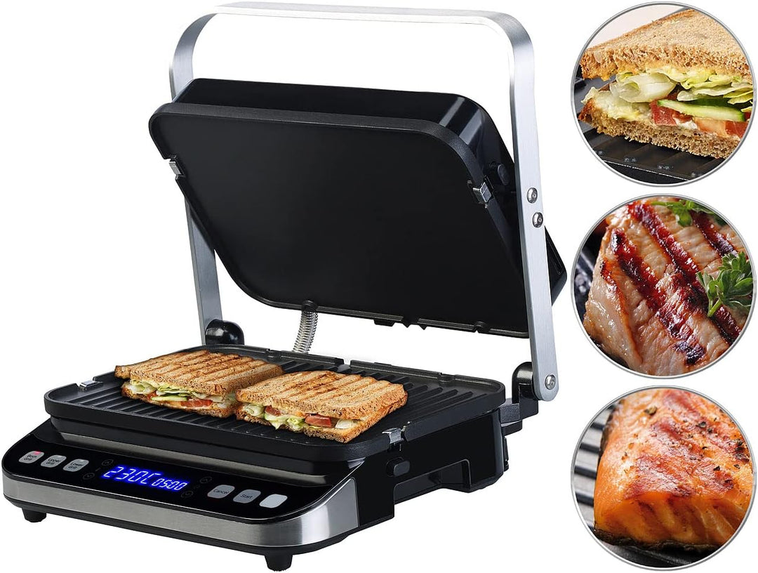 Rosenstein & Söhne Grill: Digitaler Panini-, Sandwich- & Kontaktgrill, Timer & Memory, 2.000 W (Kont