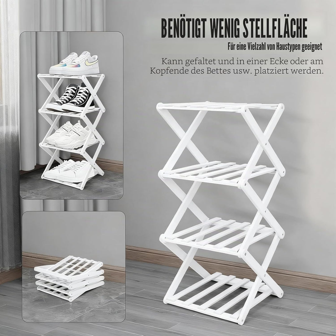 Kleines Schuhregal, weiss, 4 Etagen, Bambus, faltbar, Schuh-Organizer, freistehendes Regal für Einga