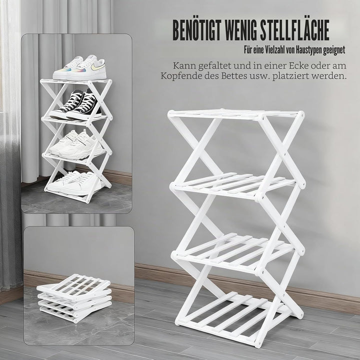 Kleines Schuhregal, weiss, 4 Etagen, Bambus, faltbar, Schuh-Organizer, freistehendes Regal für Einga