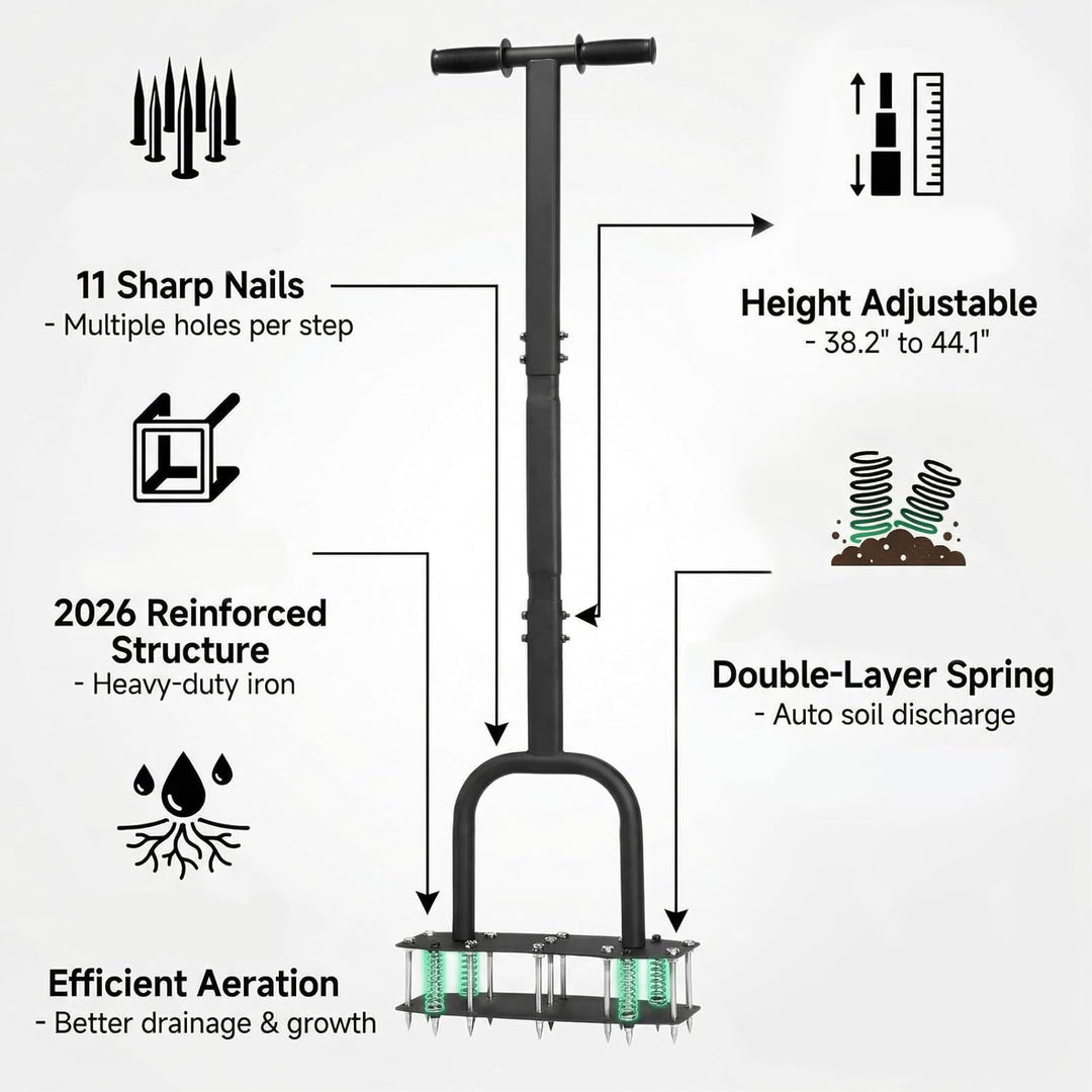 Aerifizierer für Rasen-Rasenlüfter mit 2 Reihen und 11 Stahlspikes, Manueller Aerifizierer mit Lange