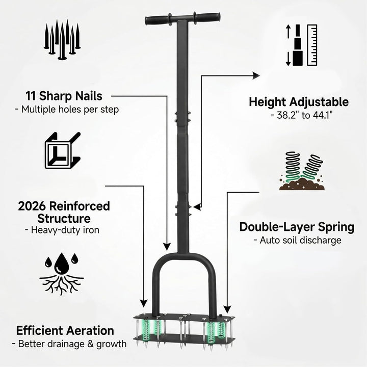 Aerifizierer für Rasen-Rasenlüfter mit 2 Reihen und 11 Stahlspikes, Manueller Aerifizierer mit Lange