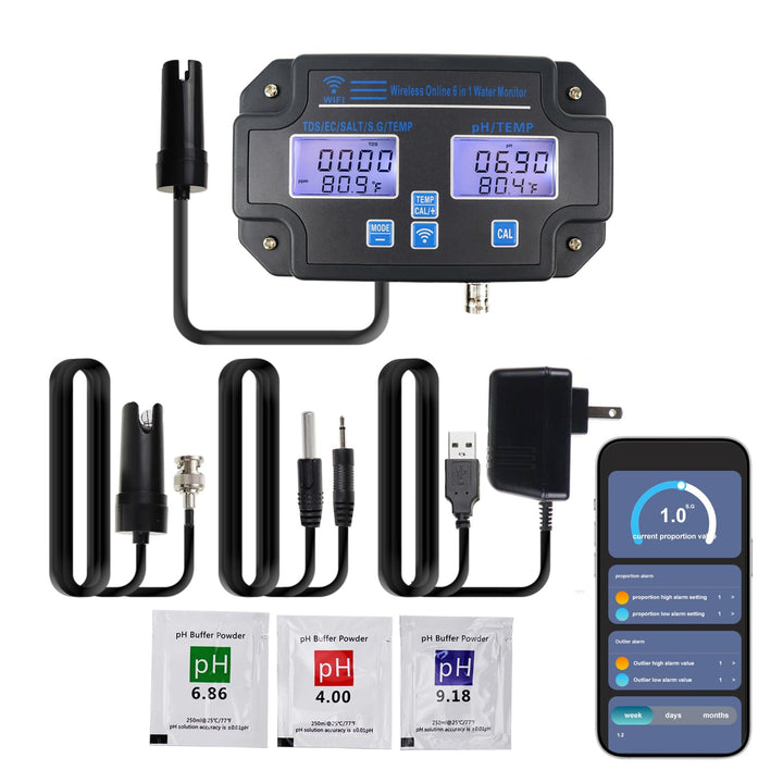 EC pH-Monitor für Hydroponik, 6-in-1 Wasserqualität Tester mit Wi-Fi, pH-Meter-Tester, Kontinuierlic
