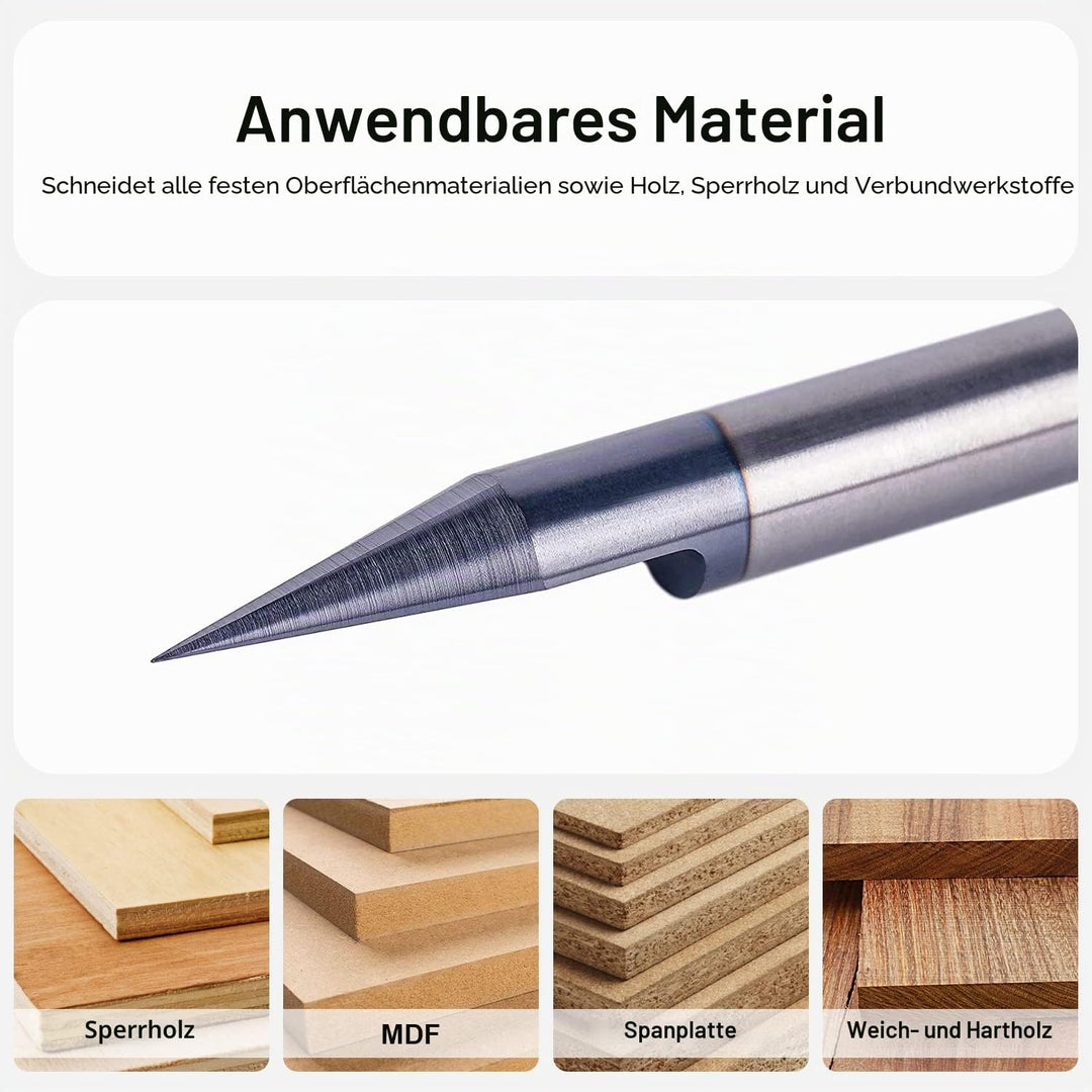 SpeTool Gravierfräser 30 Grad V Nutfräser 6mm Schaft Schriftenfräser Holz 0,2 mm Spitze VHM Graviers
