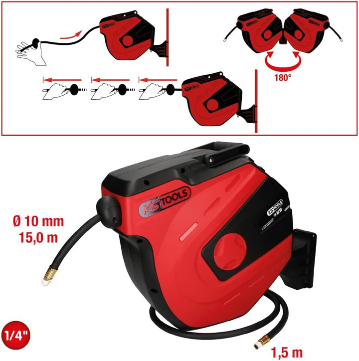 KS Tools 515.3440 Automatischer Druckluftschlauch-Aufroller, Ø 10mm x 15m Single, Single