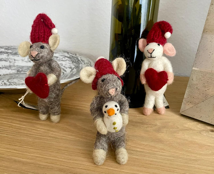 Én Gry & Sif Maus Weihnachtsmaus mit Ornament - Anhänger aus Filz, Weihnachts-Deko - 1 Stück (Graue