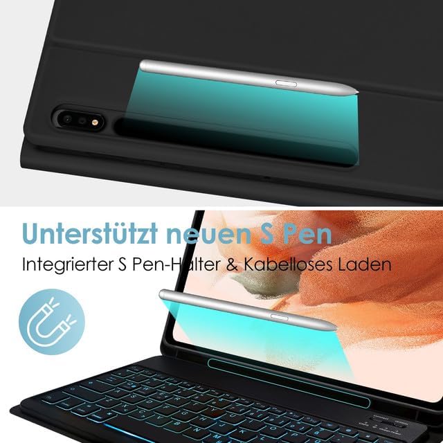 SOPPY Hülle mit Tastatur für 12,4'' Samsung Galaxy Tab S9 FE+/S9 Plus/S8+/S7+/S7 FE, Kabellose 7-Far