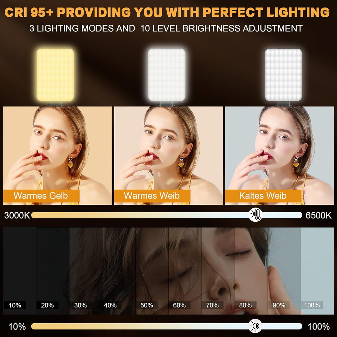 Selfie Licht mit 128 LED Lampenperlen Handylicht 3000-6500K Videolicht 3 Lichtmodi und 10-Stufiges D