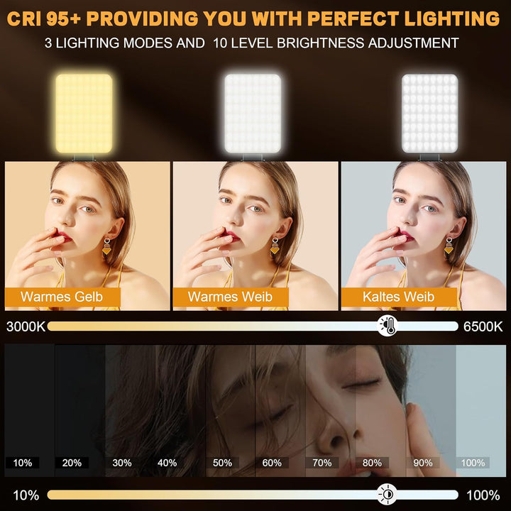 Selfie Licht mit 128 LED Lampenperlen Handylicht 3000-6500K Videolicht 3 Lichtmodi und 10-Stufiges D