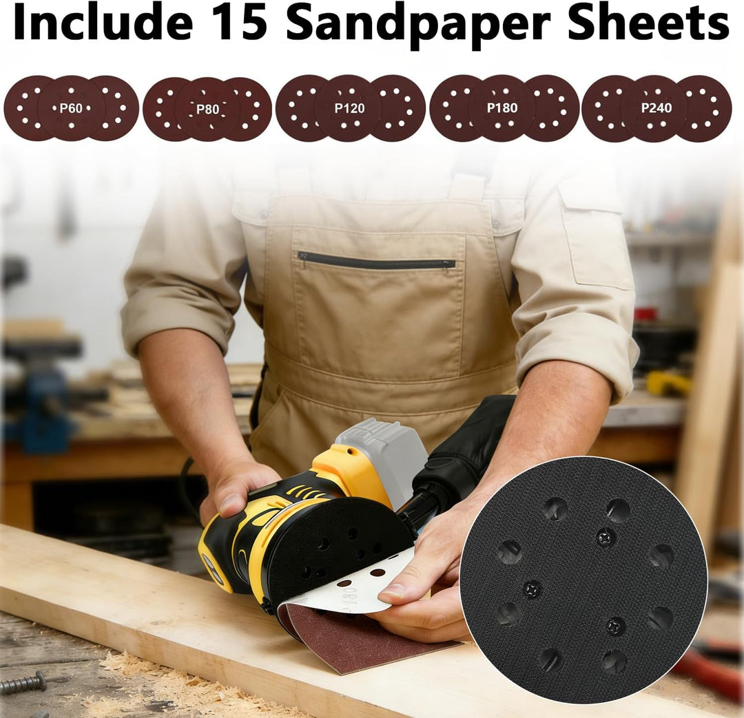 Exzenterschleifer für DeWalt Akku, 125mm Professional Schleifmaschine mit 15 Stück Schleifpapier, 3