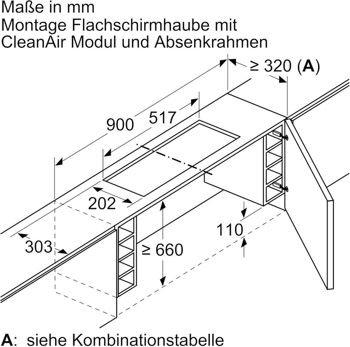 Siemens Absenkrahmen 830 mm LZ49601 | Kombinierbar, Der Absenkrahmen lässt die Flachschirmhaube komp