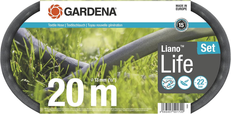 Gardena Liano Life Textilschlauch 1/2 Zoll, 20m Set: Hochflexibler Gartenschlauch aus Textilgewebe,