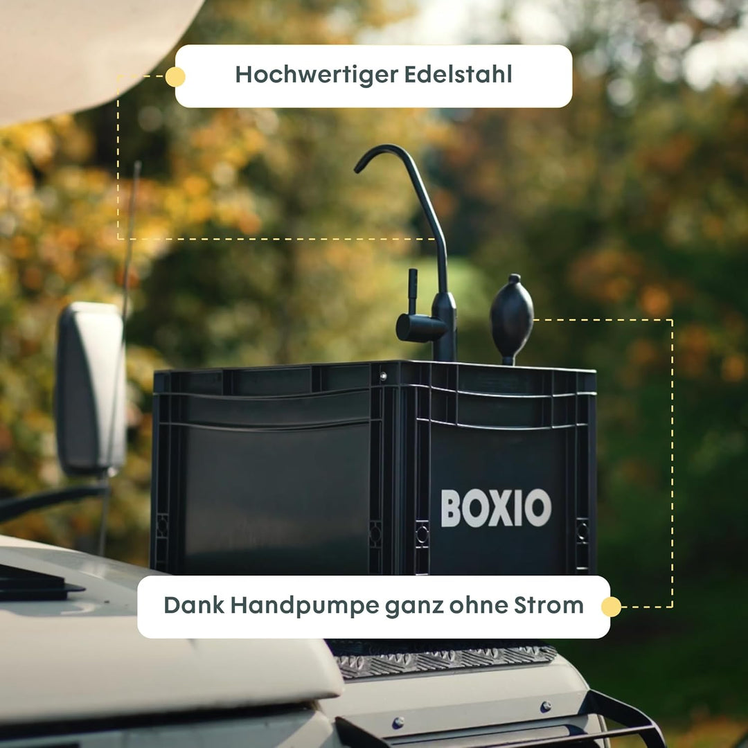 BOXIO Wash, mobiles Waschbecken, Spülbecken für Van, Camping Garten, Spüle mit Wasserhahn, Kunststof