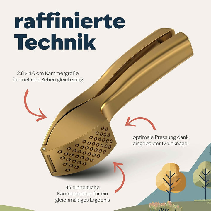 kjøk Premium Knoblauchpresse aus Zinklegierung in Gold matt - profi Knoblauch Presse spülmaschinenfe
