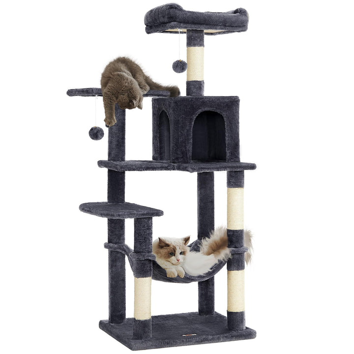 Feandrea Kratzbaum, 143 cm hoch, Katzenbaum, mehrstöckige Katzenhaus, mit 4 Kratzsäulen, 2 Plattform