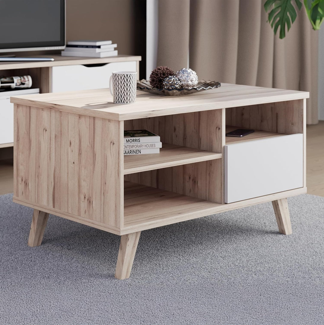 Forte VANKKA Couchtisch 90, Tisch mit offenen Fächern und Schublade, Holzwerkstoff, Planked Eiche De