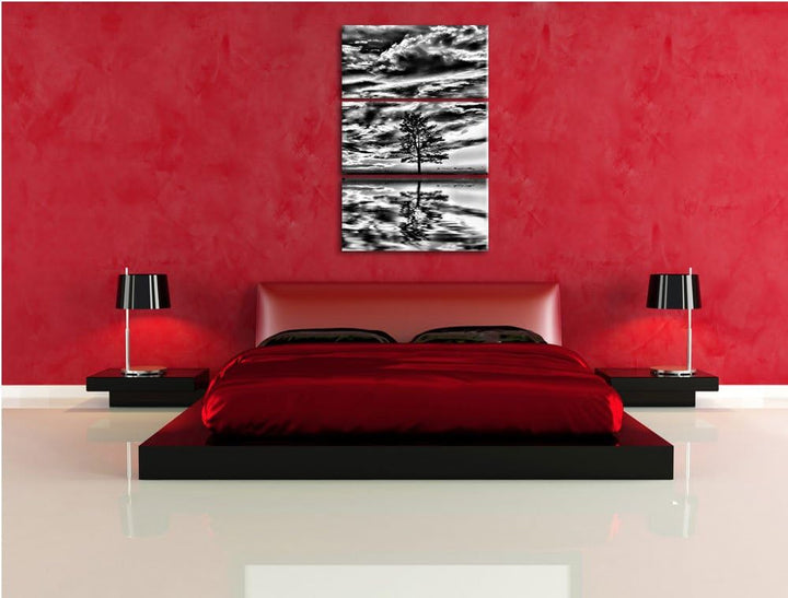 Pixxprint Monocrome, Insel im Meer Baum Sonnenaufgang Steine 3-Teiler Leinwandbild 120x80 Bild auf L