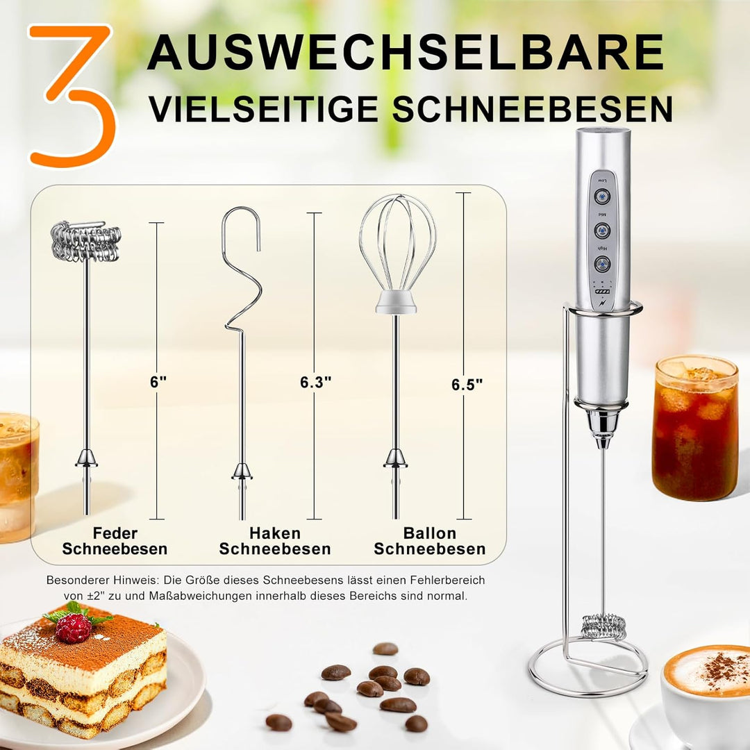 YUSWKO Milchaufschäumer Stab für Kaffee mit Ständer, Usb Wiederaufladbarer Aufschäumer, 3 Schneebese