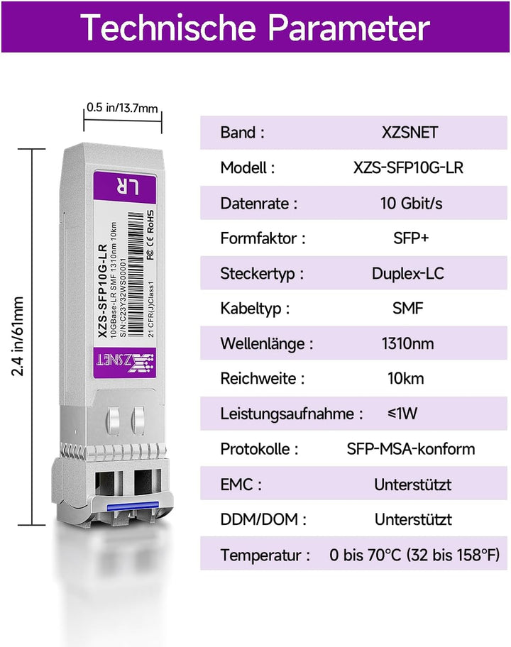 10GBASE-LR SFP+ Transceiver, 10G SFP+ zu LC Singlemode Fiber Modul für Cisco SFP-10G-LR, Ubiquiti Un
