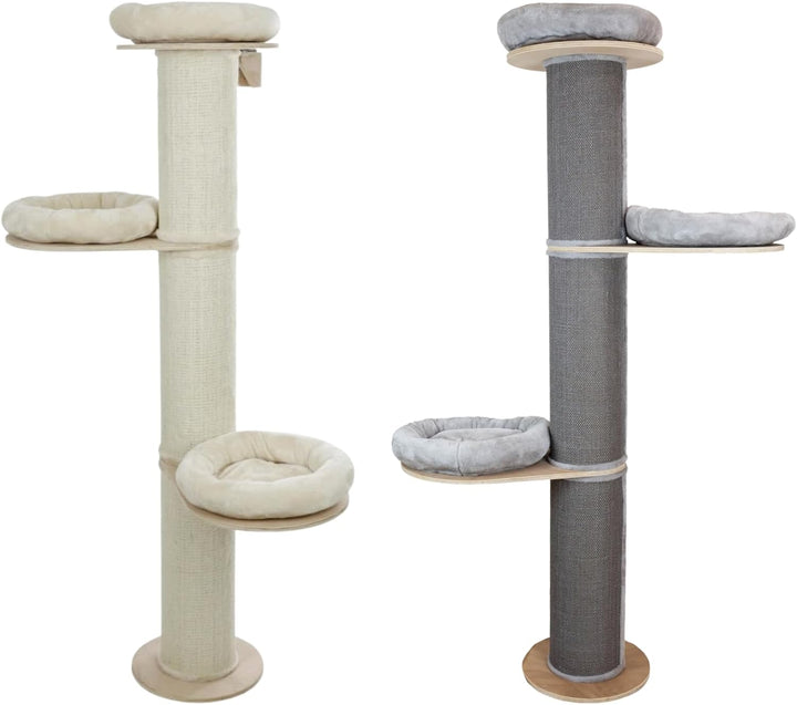 RL24 - Kratzbaum K2 – Katzenbaum mit 3 Plattformen & Plüschkissen in beige – mit Sisalteppich an der